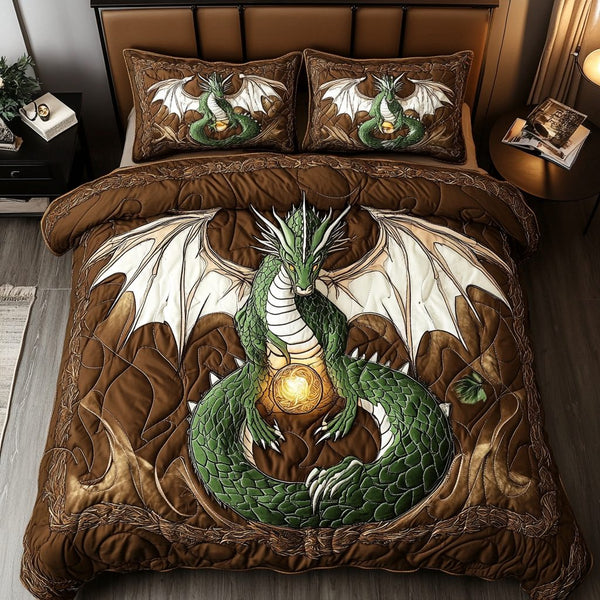 Dragon Fire quilted 3-piece bedding set on a made bed with two matching pillow shams