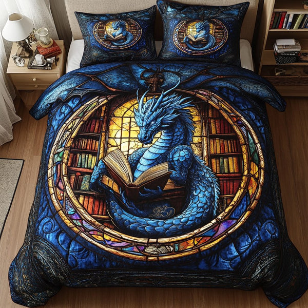 Dragon Fire quilted 3-piece bedding set on a made bed with two matching pillow shams