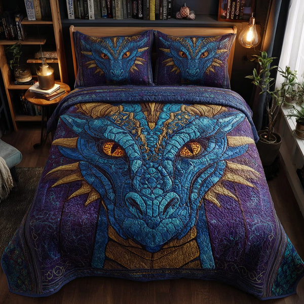 Dragon Fire quilted 3-piece bedding set on a made bed with two matching pillow shams