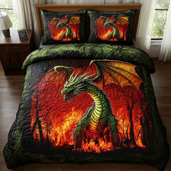 Dragon Fire quilted 3-piece bedding set on a made bed with two matching pillow shams