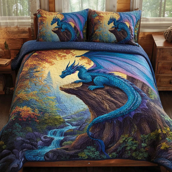 Dragon Flame quilted 3-piece bedding set on a made bed with two matching pillow shams