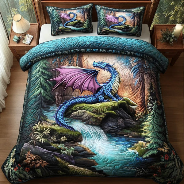 Dragon Flame quilted 3-piece bedding set on a made bed with two matching pillow shams