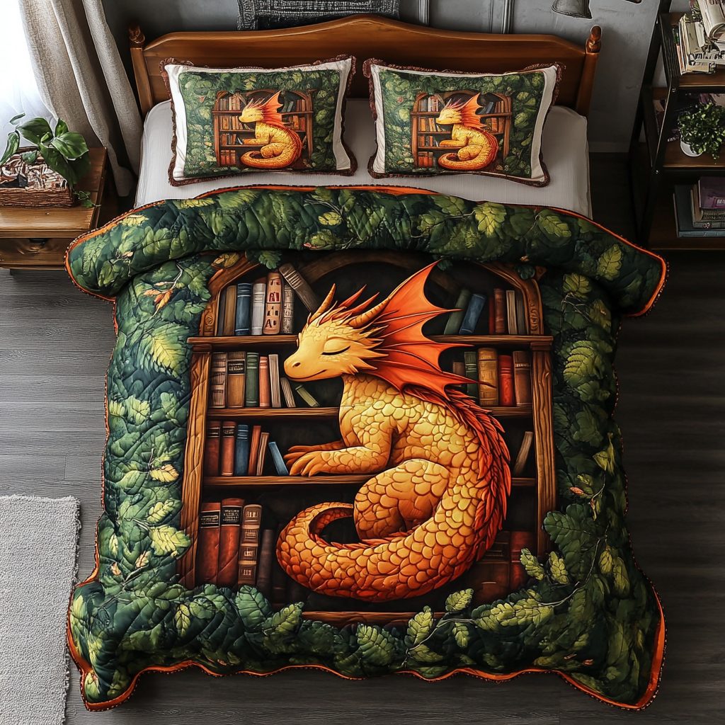Dragon Flame quilted 3-piece bedding set on a made bed with two matching pillow shams