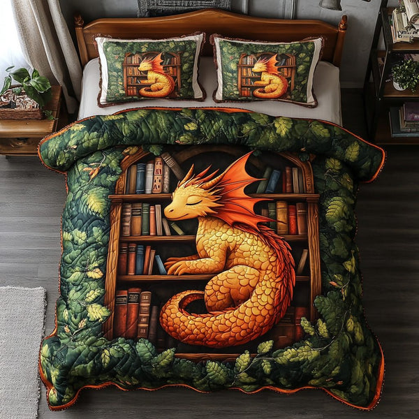 Dragon Flame quilted 3-piece bedding set on a made bed with two matching pillow shams