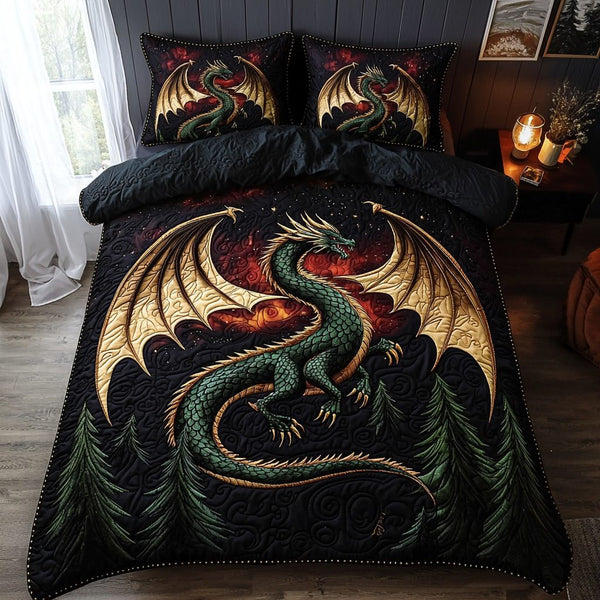Dragon Flame quilted 3-piece bedding set on a made bed with two matching pillow shams