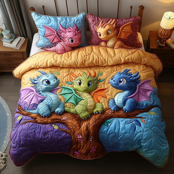 Dragon Flight quilted 3-piece bedding set on a made bed with two matching pillow shams