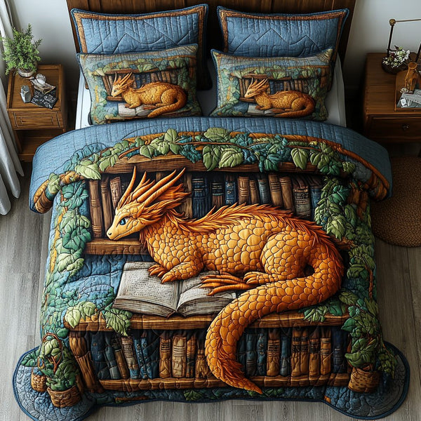 Dragon Flight quilted 3-piece bedding set on a made bed with two matching pillow shams