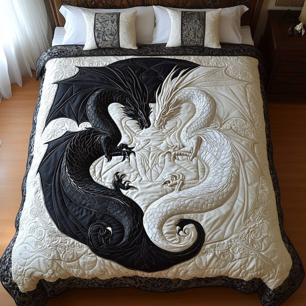 Dragon Flight quilted 3-piece bedding set on a made bed with two matching pillow shams