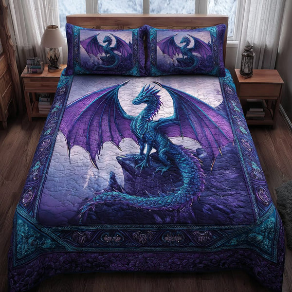 Dragon Flight quilted 3-piece bedding set on a made bed with two matching pillow shams