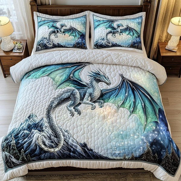 Dragon Flight quilted 3-piece bedding set on a made bed with two matching pillow shams