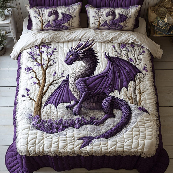 Dragon Forest quilted 3-piece bedding set on a made bed with two matching pillow shams