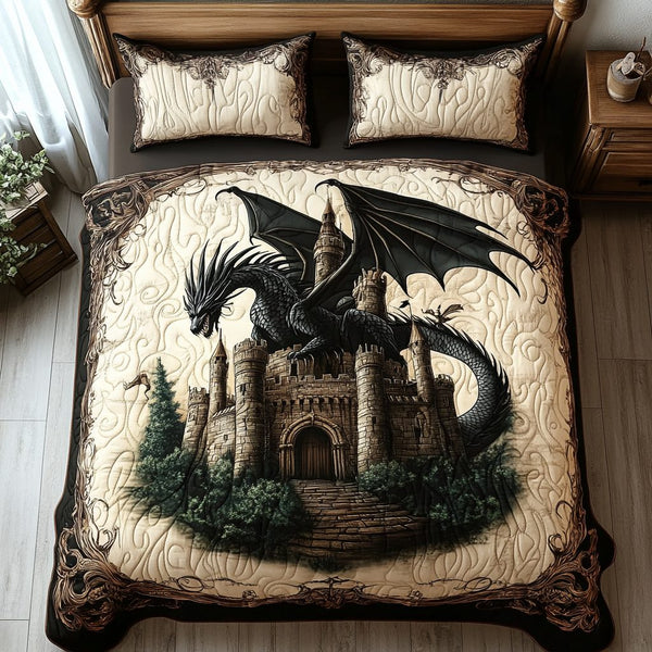 Dragon Fortress quilted 3-piece bedding set on a made bed with two matching pillow shams