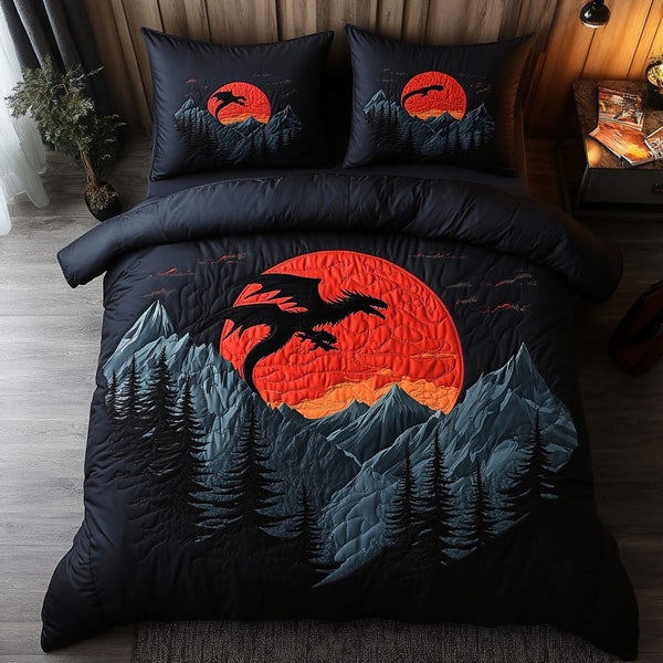 Dragon Fury quilted 3-piece bedding set on a made bed with two matching pillow shams