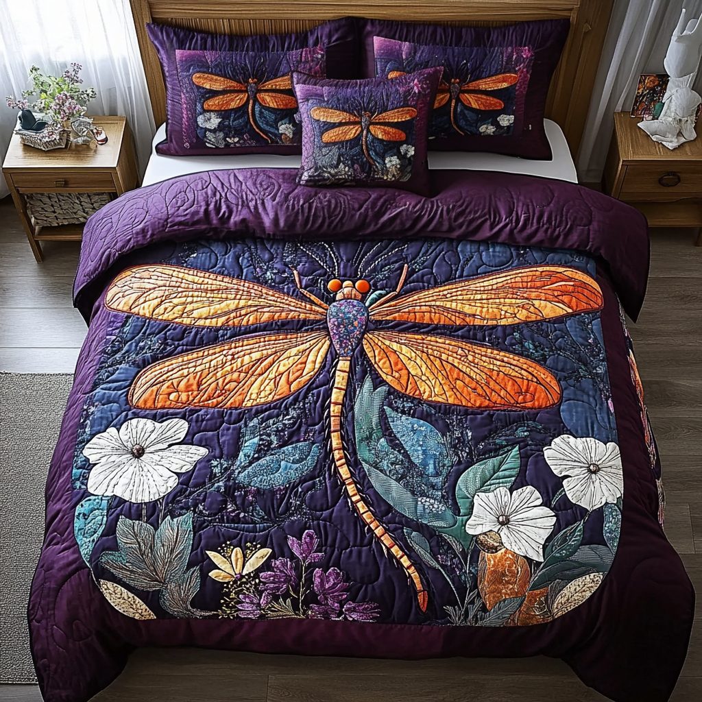 Dragon Glow quilted 3-piece bedding set on a made bed with two matching pillow shams