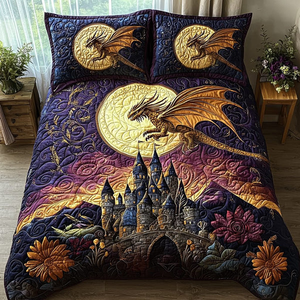 Dragon Golden Castle quilted 3-piece bedding set on a made bed with two matching pillow shams