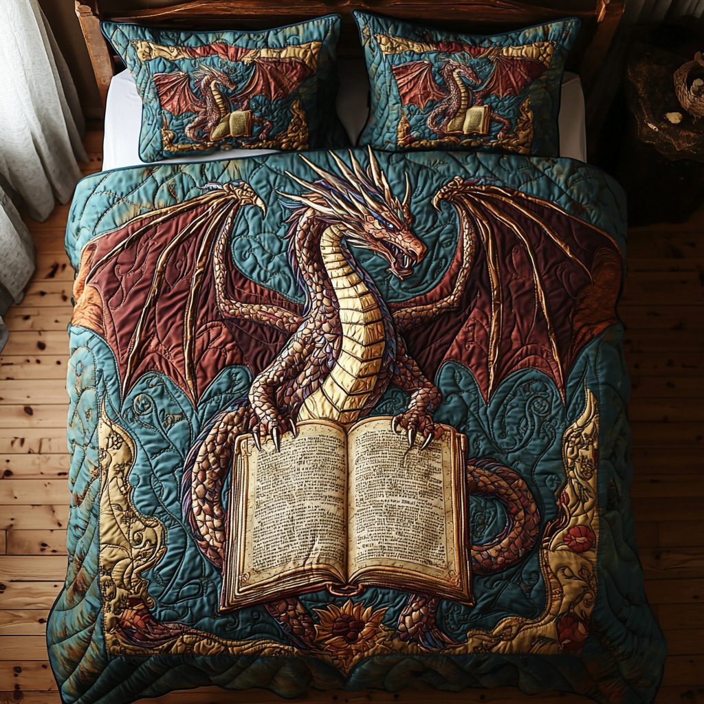 Dragon Guardian quilted 3-piece bedding set on a made bed with two matching pillow shams