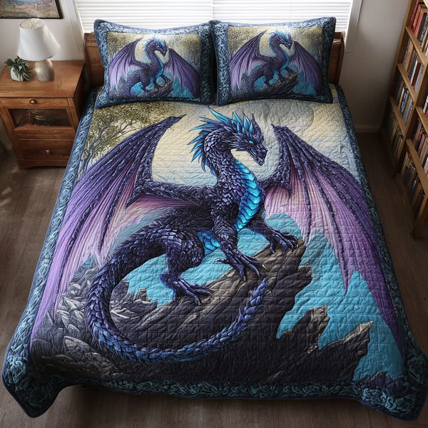 Dragon Haven quilted 3-piece bedding set on a made bed with two matching pillow shams