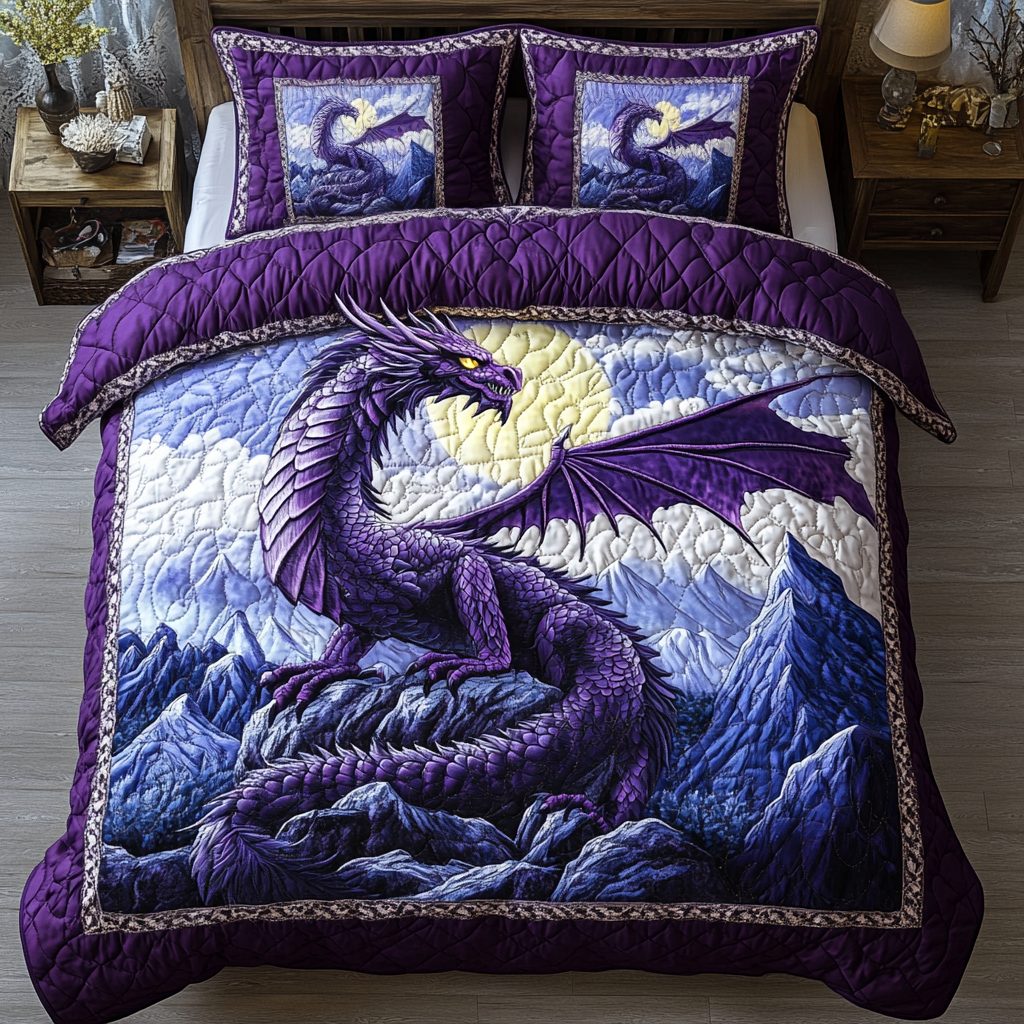 Dragon Heart quilted 3-piece bedding set on a made bed with two matching pillow shams