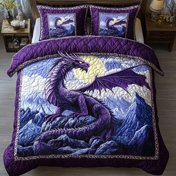 Dragon Heart quilted 3-piece bedding set on a made bed with two matching pillow shams