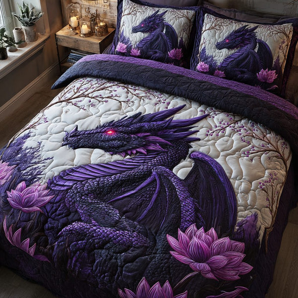 Dragon Heart quilted 3-piece bedding set on a made bed with two matching pillow shams