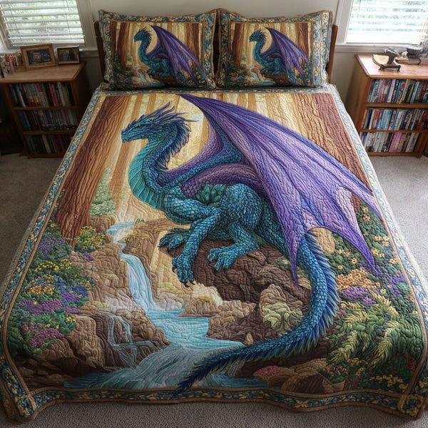 Dragon Keeper quilted 3-piece bedding set on a made bed with two matching pillow shams