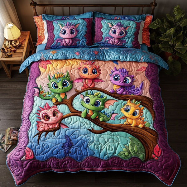 Dragon Lair quilted 3-piece bedding set on a made bed with two matching pillow shams