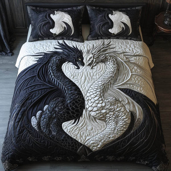 Dragon Legend quilted 3-piece bedding set on a made bed with two matching pillow shams