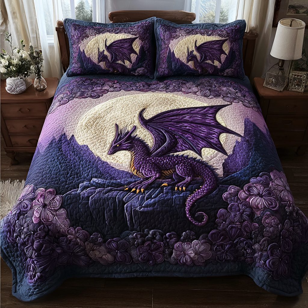 Dragon Legend quilted 3-piece bedding set on a made bed with two matching pillow shams