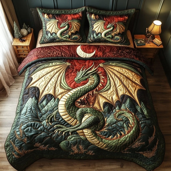 Dragon Legend quilted 3-piece bedding set on a made bed with two matching pillow shams