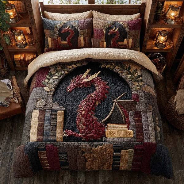 Dragon Lore Sanctuary quilted 3-piece bedding set on a made bed with two matching pillow shams