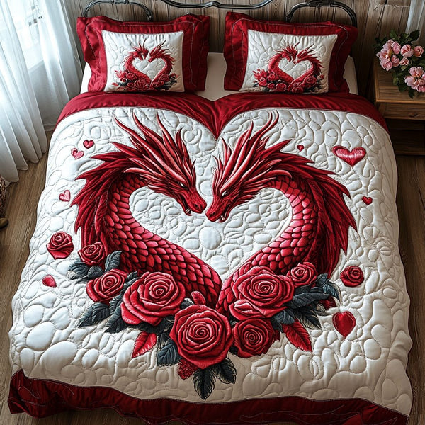 Dragon Love quilted 3-piece bedding set on a made bed with two matching pillow shams