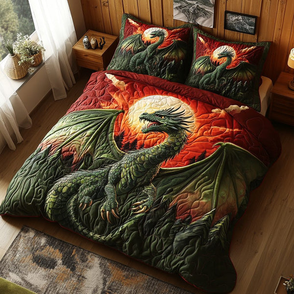 Dragon Moon quilted 3-piece bedding set on a made bed with two matching pillow shams