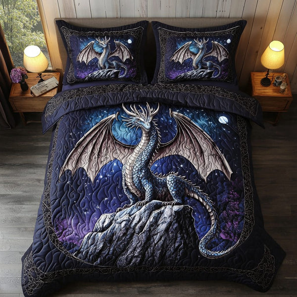 Dragon Moonlight quilted 3-piece bedding set on a made bed with two matching pillow shams