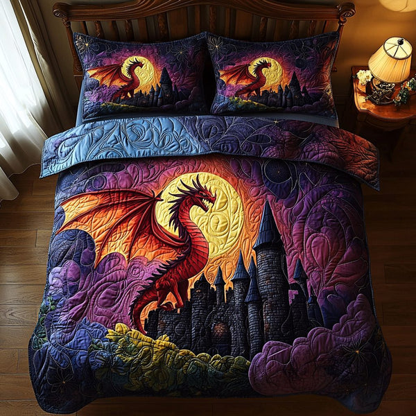 Dragon Moonlit Fortress quilted 3-piece bedding set on a made bed with two matching pillow shams