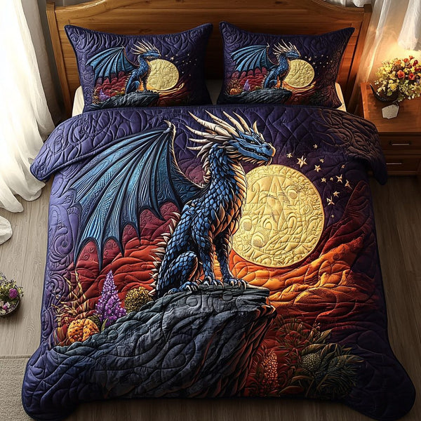 Dragon Mystic Forest quilted 3-piece bedding set on a made bed with two matching pillow shams