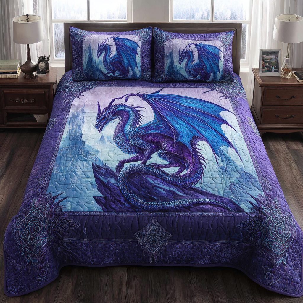 Dragon Mystique quilted 3-piece bedding set on a made bed with two matching pillow shams