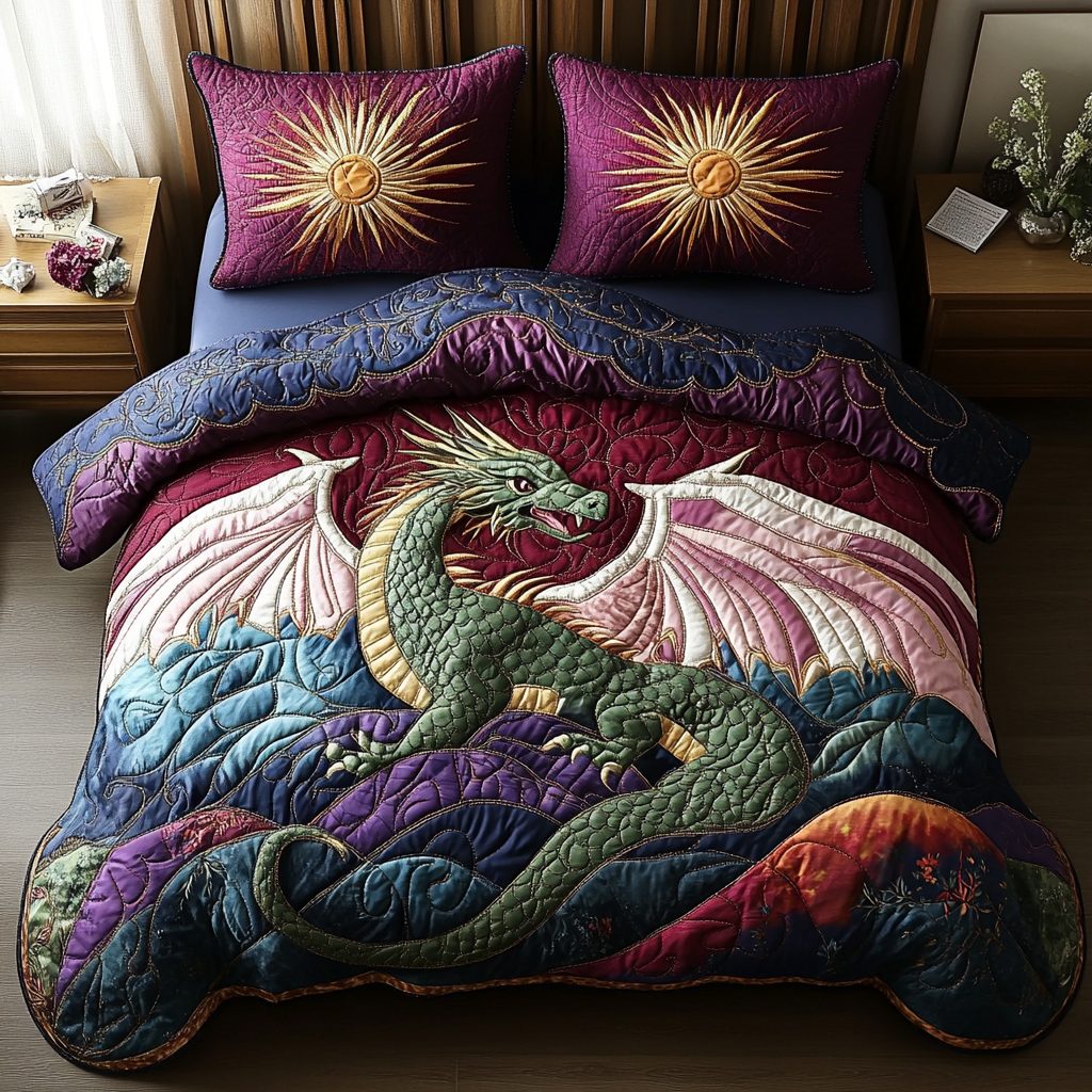 Dragon Myth quilted 3-piece bedding set on a made bed with two matching pillow shams