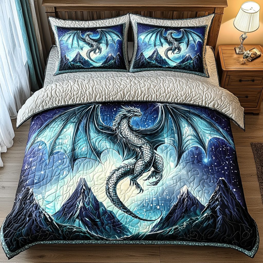 Dragon Path quilted 3-piece bedding set on a made bed with two matching pillow shams