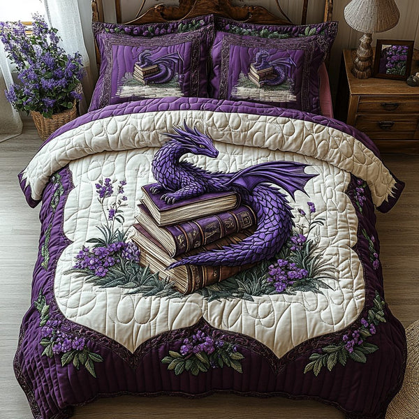 Dragon Power quilted 3-piece bedding set on a made bed with two matching pillow shams
