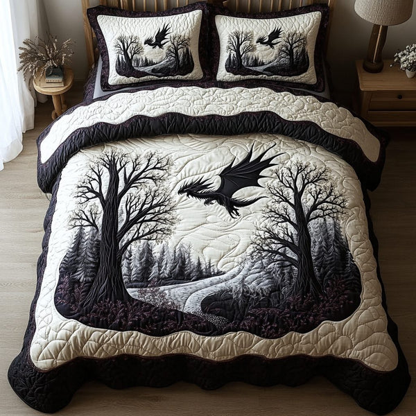 Dragon Power quilted 3-piece bedding set on a made bed with two matching pillow shams