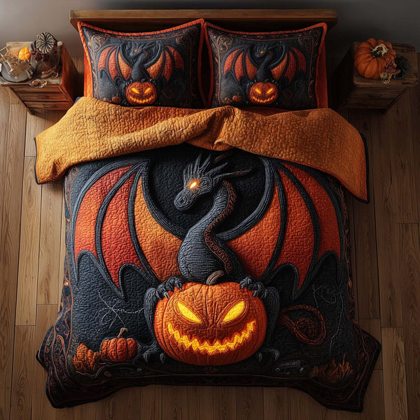 Dragon Pumpkin quilted 3-piece bedding set on a made bed against a dark styled interior