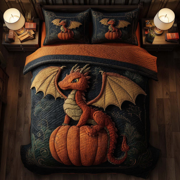 Dragon Pumpkin quilted 3-piece bedding set on a made bed against a dark styled interior