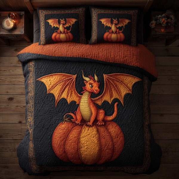 Dragon Pumpkin quilted 3-piece bedding set on a made bed against a dark styled interior