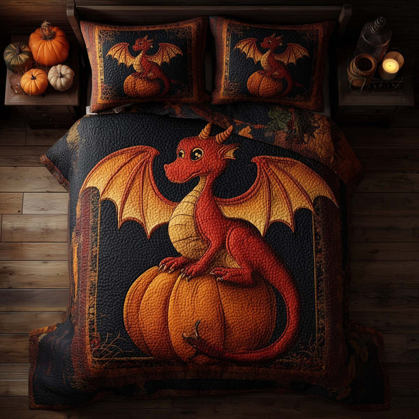 Dragon Pumpkin quilted 3-piece bedding set on a made bed against a dark styled interior