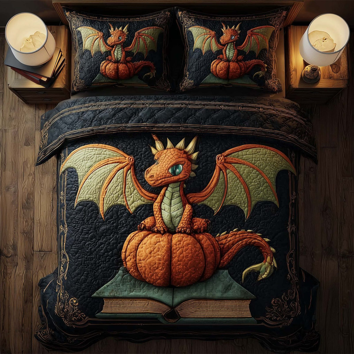 Dragon Pumpkin quilted 3-piece bedding set on a made bed against a dark styled interior