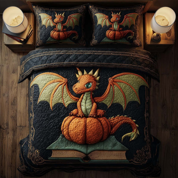 Dragon Pumpkin quilted 3-piece bedding set on a made bed against a dark styled interior