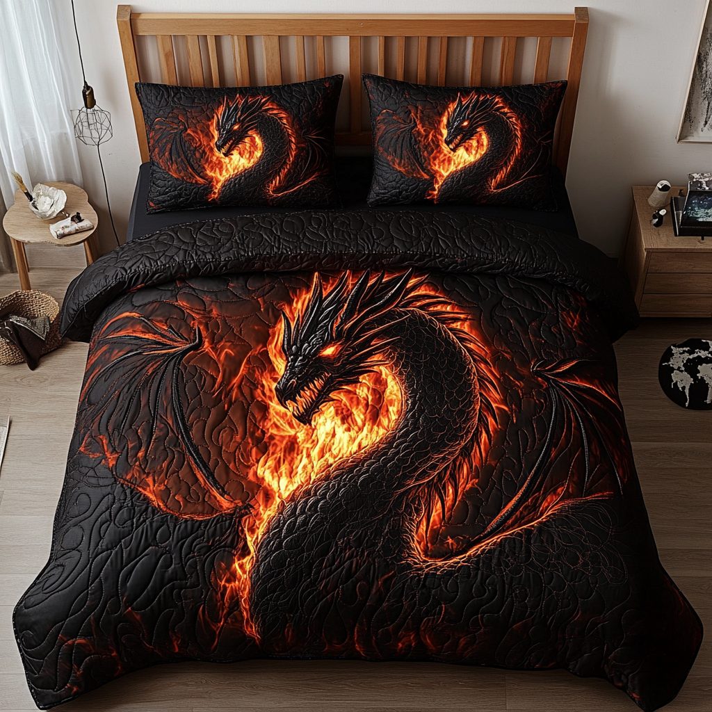 Dragon Quest quilted 3-piece bedding set on a made bed with two matching pillow shams