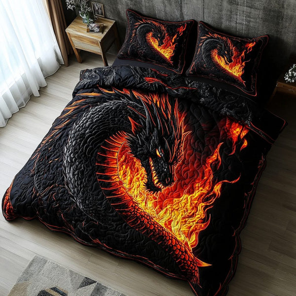 Dragon Quest quilted 3-piece bedding set on a made bed with two matching pillow shams