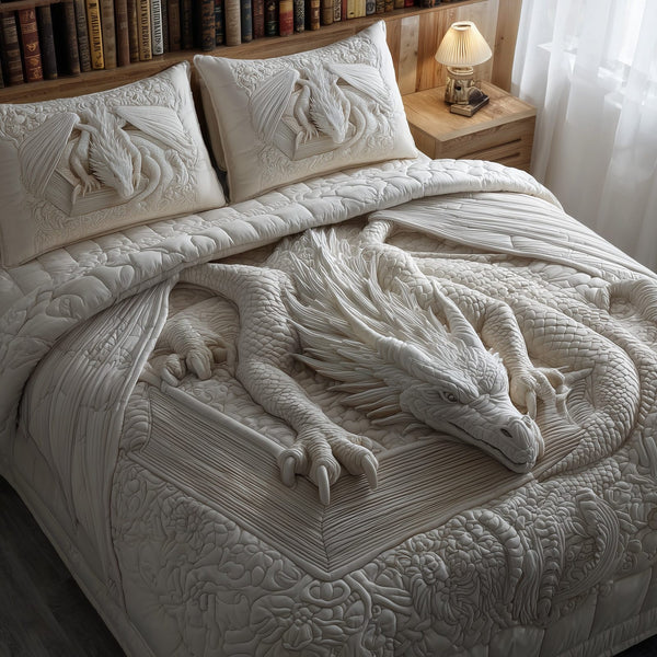 Dragon quilted 3-piece bedding set on a made bed with two matching pillow shams