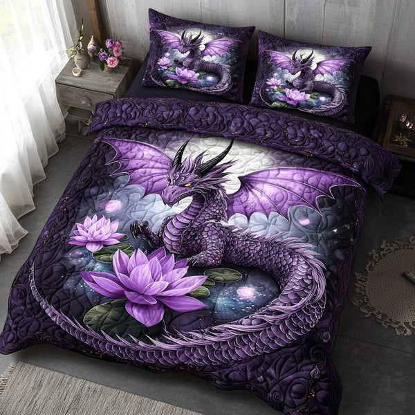 Dragon quilted 3-piece bedding set on a made bed with two matching pillow shams
